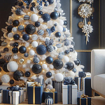 Украшенная Белая Новогодняя Елка с сине-белыми шарами и и муляжами подарков в комплекте варинант исполнения - 2 | Loft Concept в Брянске