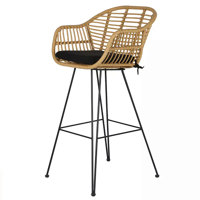 Стул барный с ротанговым плетением Half Bar Chair with Wicker с подлокотниками Черный Бежевый в Брянске | Loft Concept 