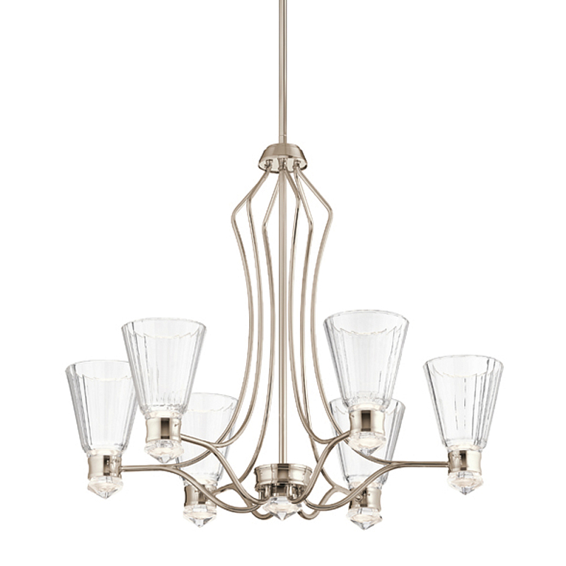 Люстра цвета никель с 6-ю рифлеными стеклянными плафонами и изогнутым каркасом Kichler Никель Белый Прозрачное Стекло в Брянске | Loft Concept 