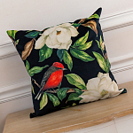 Декоративная подушка чёрная с изображением птиц и цветов Blooming Reds Birds варинант исполнения - 2 | Loft Concept в Брянске