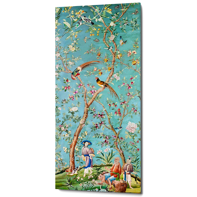 Постер на холсте в стиле шинуазри с изображением сада Chinoiserie Imperial Garden Birds and People Poster Мульти Бирюзовый в Брянске | Loft Concept 