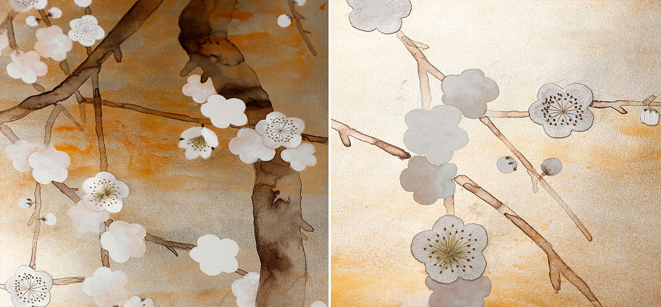 Обои ручная роспись Plum Blossom Special Colourway on White Metal gilded silk with nickel pearlescent antiquing Обои ручная роспись Plum Blossom Special Colourway on White Metal gilded silk with nickel pearlescent antiquing - Loft-Concept в Брянске